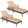 Patio rattan chaise lounge with beige cushions and adjustable backrest, featuring acacia wood armrests for outdoor.