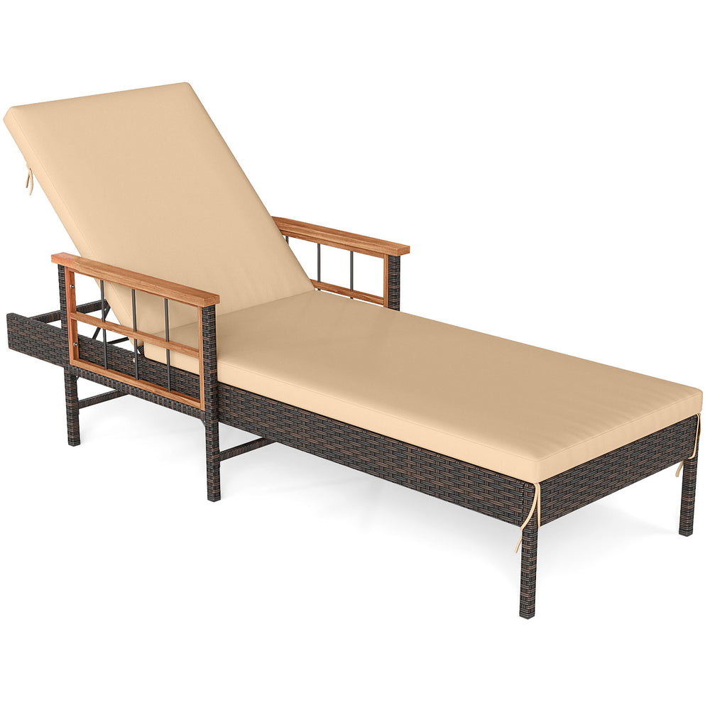 Patio rattan chaise lounge with beige cushion, 4-level adjustable backrest, and acacia wood armrests for outdoor.
