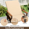 Patio rattan chaise lounge with beige soft cushions, adjustable backrest, and acacia wood armrests for outdoor comfort.