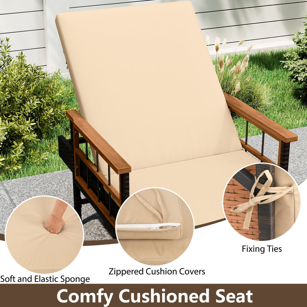 Patio rattan chaise lounge with beige soft cushions, adjustable backrest, and acacia wood armrests for outdoor comfort.