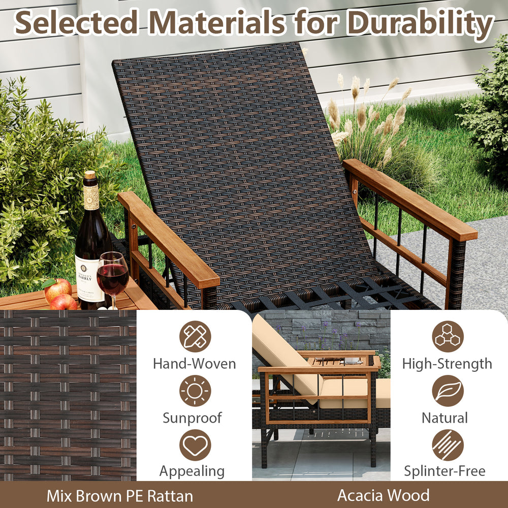 Patio rattan chaise lounge with adjustable backrest, hand-woven PE rattan, and acacia wood armrests for outdoor comfort.