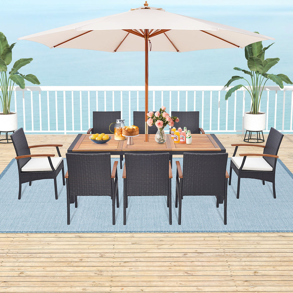 9 Pieces  Patio Rattan Dining Set with Acacia Wood Table for Backyard, Garden-Wood Handrail - Gallery View 1 of 12