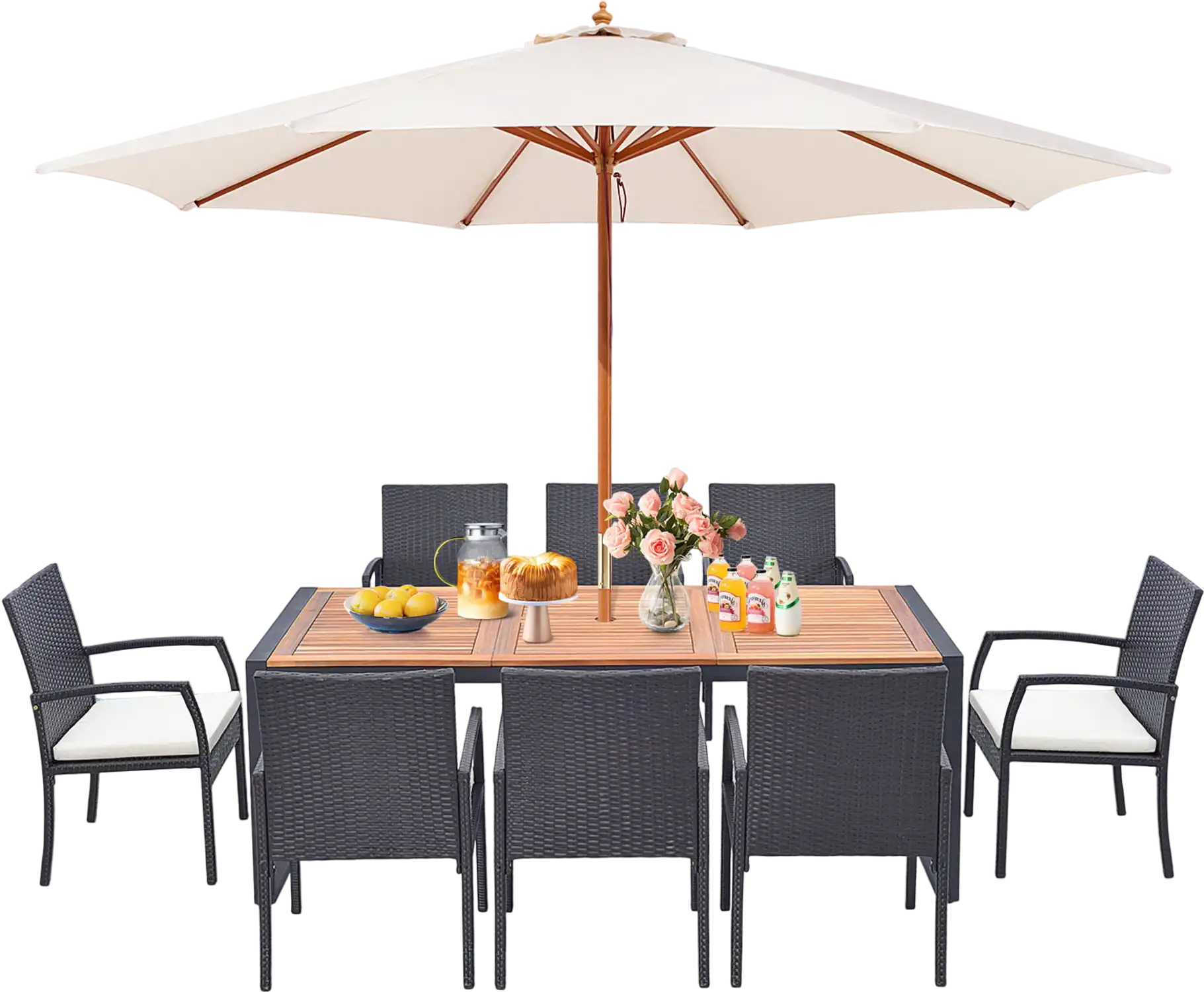 Costway 9-Piece Patio Rattan Dining Set w/ Acacia Wood Table L-Shaped Handrail 75863142 New