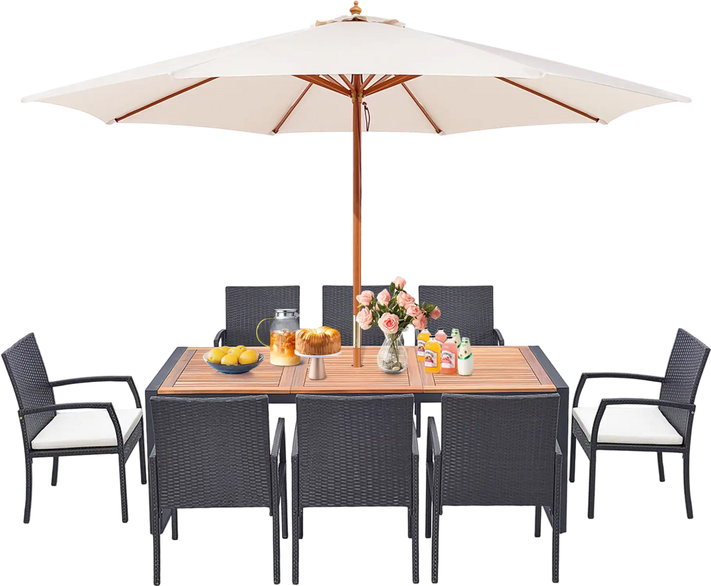 9-piece patio rattan dining set featuring an acacia wood table, soft cushions, and space-saving design for outdoor.