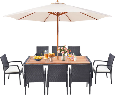 Costway 9-Piece Patio Rattan Dining Set w/ Acacia Wood Table L-Shaped Handrail 75863142 New