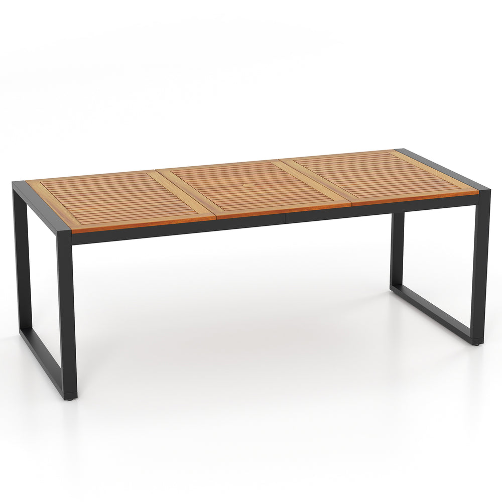 Acacia wood tabletop of the patio dining table with a heavy-duty metal frame, ideal for backyard gatherings.