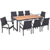 9-piece patio rattan dining set featuring an acacia wood table and comfortable cushions, perfect for backyard.