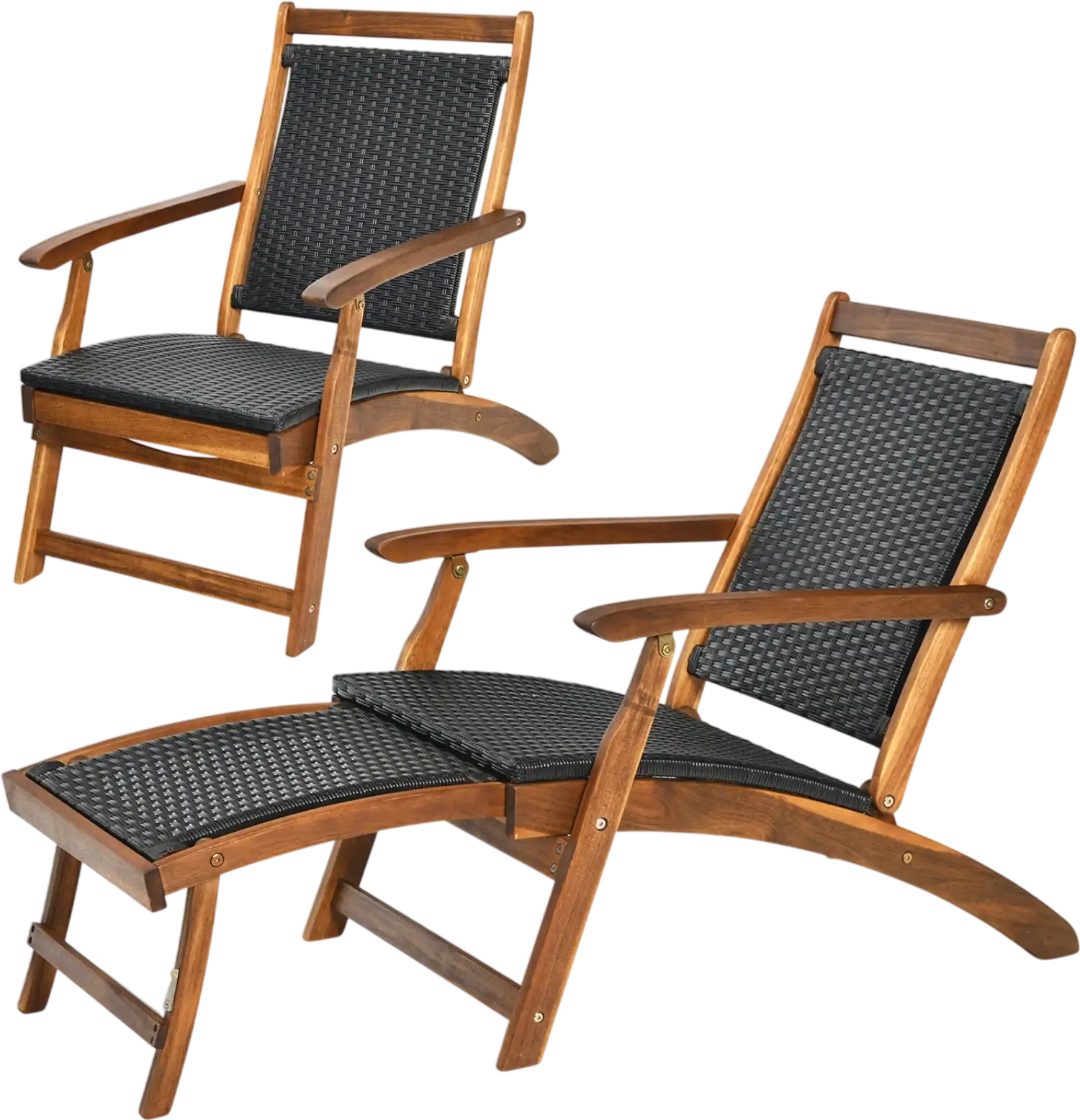 Costway Patio Rattan Folding Chaise Lounge Chairs Set of 2 Retractable Footrest Acacia Frame 96494532 New