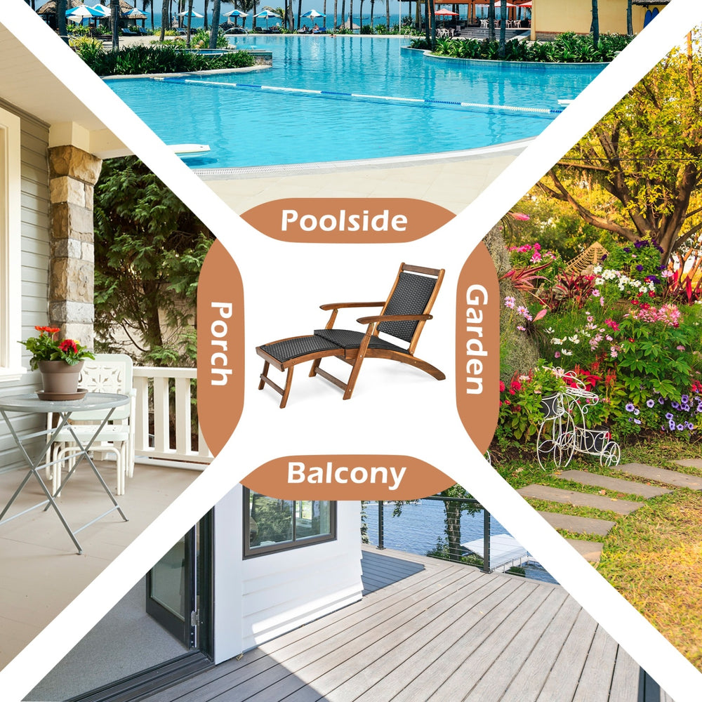 Patio rattan folding lounge chair with acacia wood frame and retractable footrest, ideal for garden or poolside.