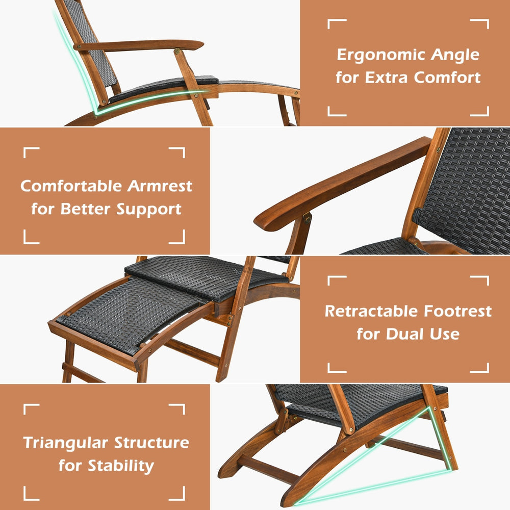 Close-up of the ergonomic backrest and armrest of the patio rattan folding lounge chair with acacia wood frame.