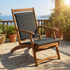 Patio rattan folding lounge chair with acacia wood frame, featuring a retractable footrest, perfect for outdoor.