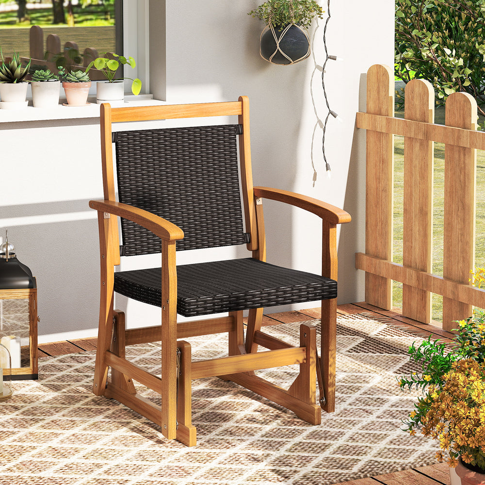 Patio Rattan Glider Chair with Acacia Wood Frame and Wicker Seat Back - Gallery View 1 of 10