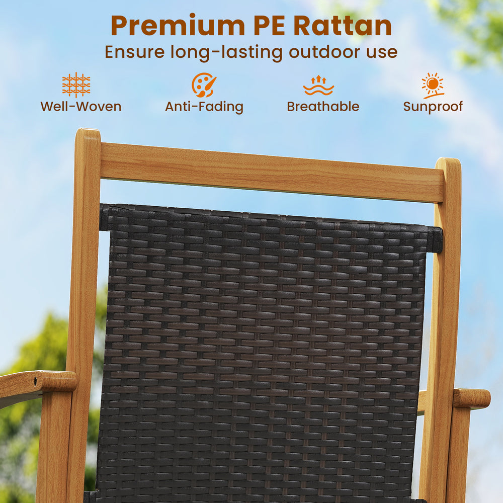Patio Rattan Glider Chair featuring a premium acacia wood frame and breathable PE rattan, ideal for outdoor relaxation.