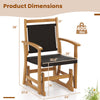 Patio Rattan Glider Chair with acacia wood frame, showing dimensions and sturdy design for backyard relaxation.