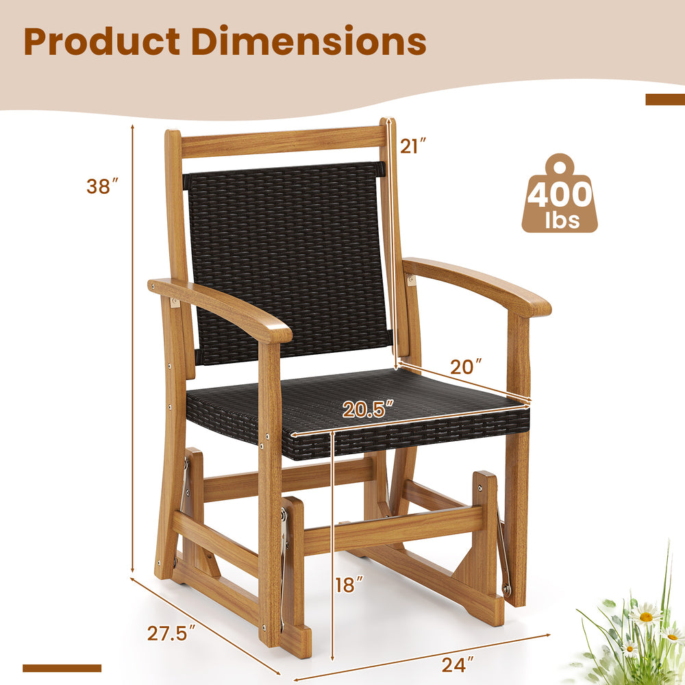 Patio Rattan Glider Chair with acacia wood frame, showing dimensions and sturdy design for backyard relaxation.