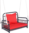 Patio rattan porch swing hammock chair with red seat cushion, featuring a durable metal frame for outdoor relaxation.