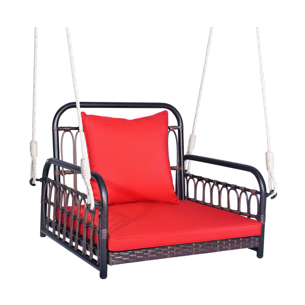 Red patio rattan porch swing hammock chair with soft cushion, featuring a sturdy metal frame for backyard relaxation.