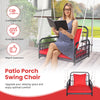 Patio rattan swing chair with red cushion, featuring a sturdy metal frame for backyard relaxation and comfort.