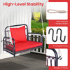 Patio rattan porch swing hammock chair with red cushion, featuring a stable metal frame and sturdy hanging ropes for.