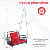 Patio rattan porch swing hammock chair with red seat cushion, featuring durable metal frame and hanging dimensions.
