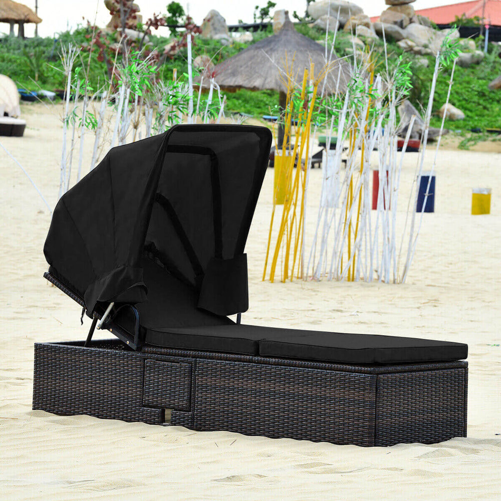 Outdoor Adjustable Cushioned Chaise Lounge Chair with Folding Canopy-Black - Gallery View 1 of 12