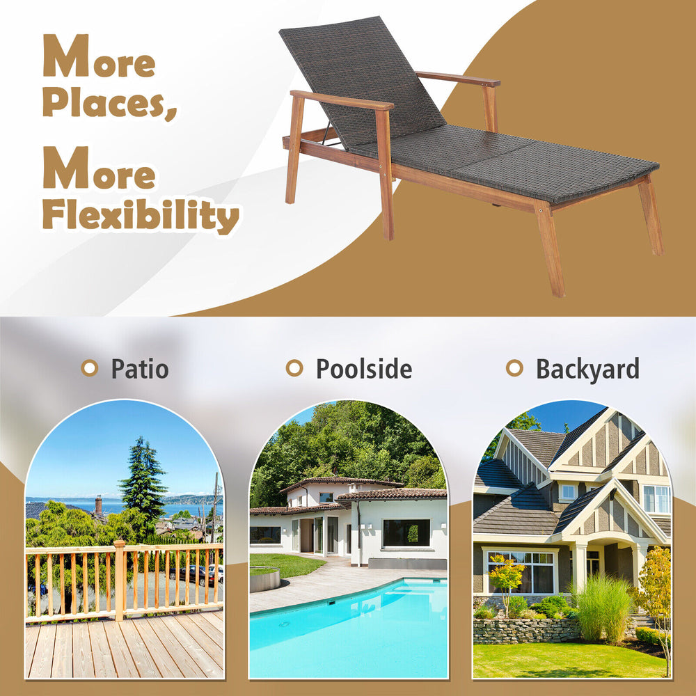 Patio Rattan Lounge Chair with adjustable backrest, solid acacia wood frame, suitable for poolside and backyard.