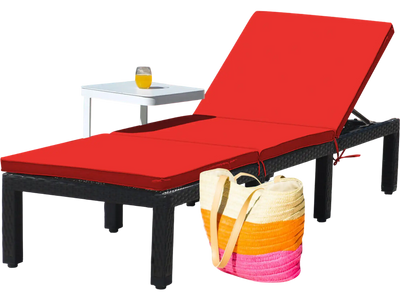 Costway Patio Rattan Cushioned Adjustable Lounge Chair Red Off White 51398746 New