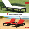 Height adjustable rattan lounge chair in red with soft cushion, ideal for patio or poolside relaxation.