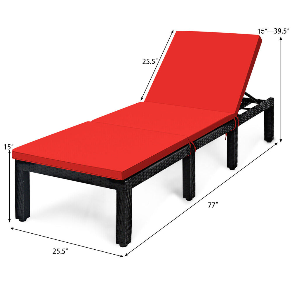 Height adjustable patio lounge chair in red with soft cushion, made of durable PE rattan and steel, ideal for outdoor.