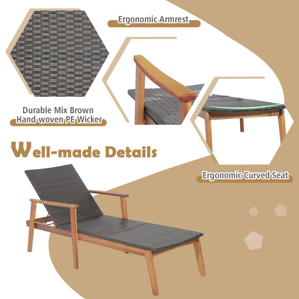 Patio rattan lounge chair with adjustable backrest, solid acacia wood frame, and ergonomic curved seat for outdoor.