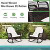 Hand-woven mix brown PE rattan rocking chair with white cushions, ideal for backyard or poolside relaxation.