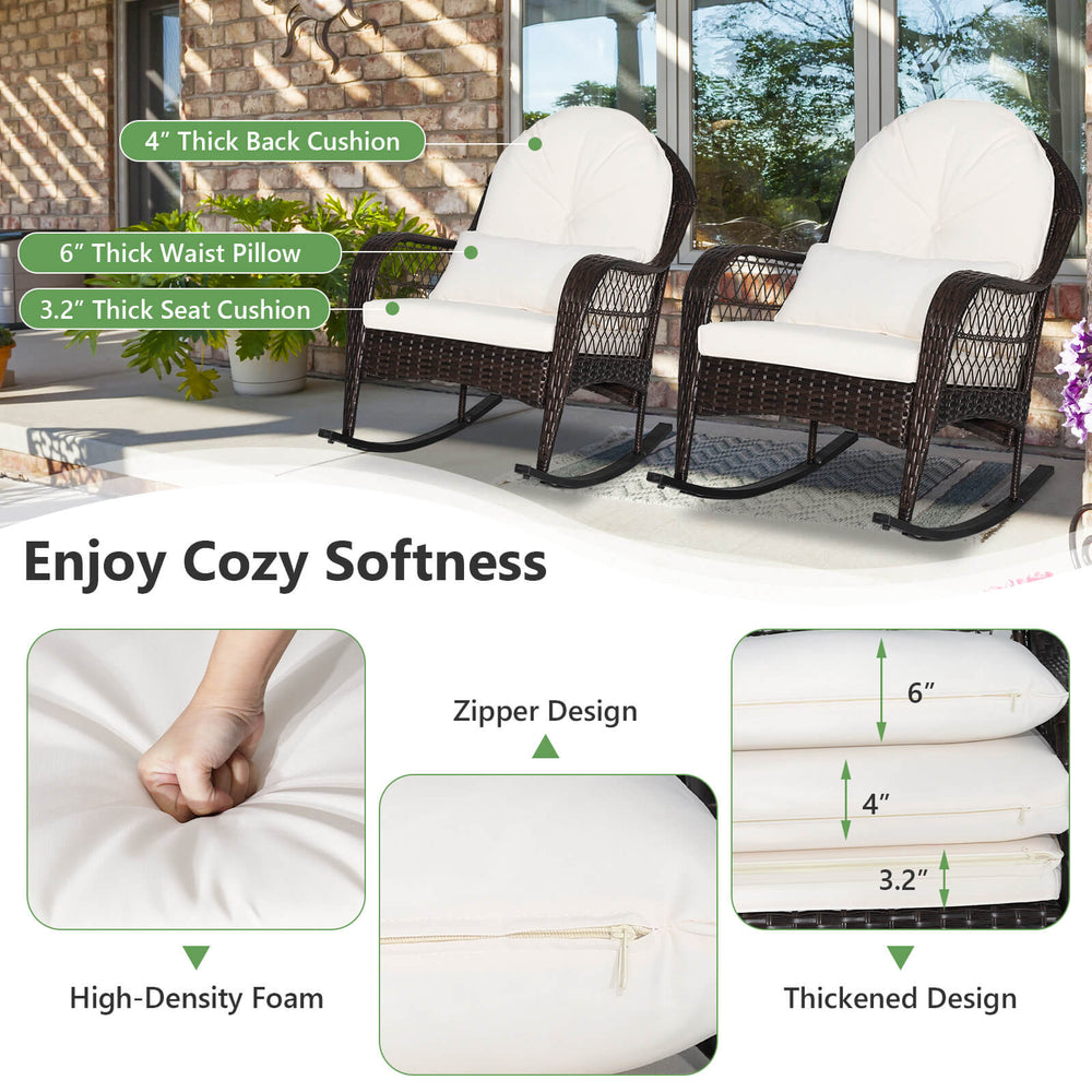 Patio rattan rocking chair with white cushions, featuring ergonomic design and durable PE rattan, ideal for outdoor.