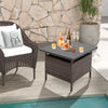 Patio square wicker side table with faux wood top, umbrella hole, and PE rattan, perfect for poolside relaxation.