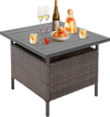 Square wicker side table with faux wood top, umbrella hole, and PE rattan, ideal for patio or poolside use.