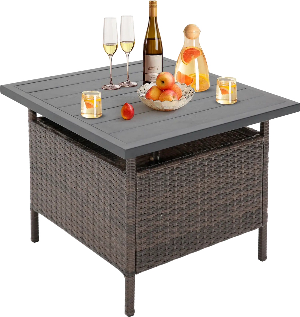 Square wicker side table with faux wood top, umbrella hole, and PE rattan, ideal for patio or poolside use.