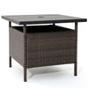 Square wicker side table with umbrella hole, featuring a durable rattan frame and faux wood top, ideal for outdoor use.