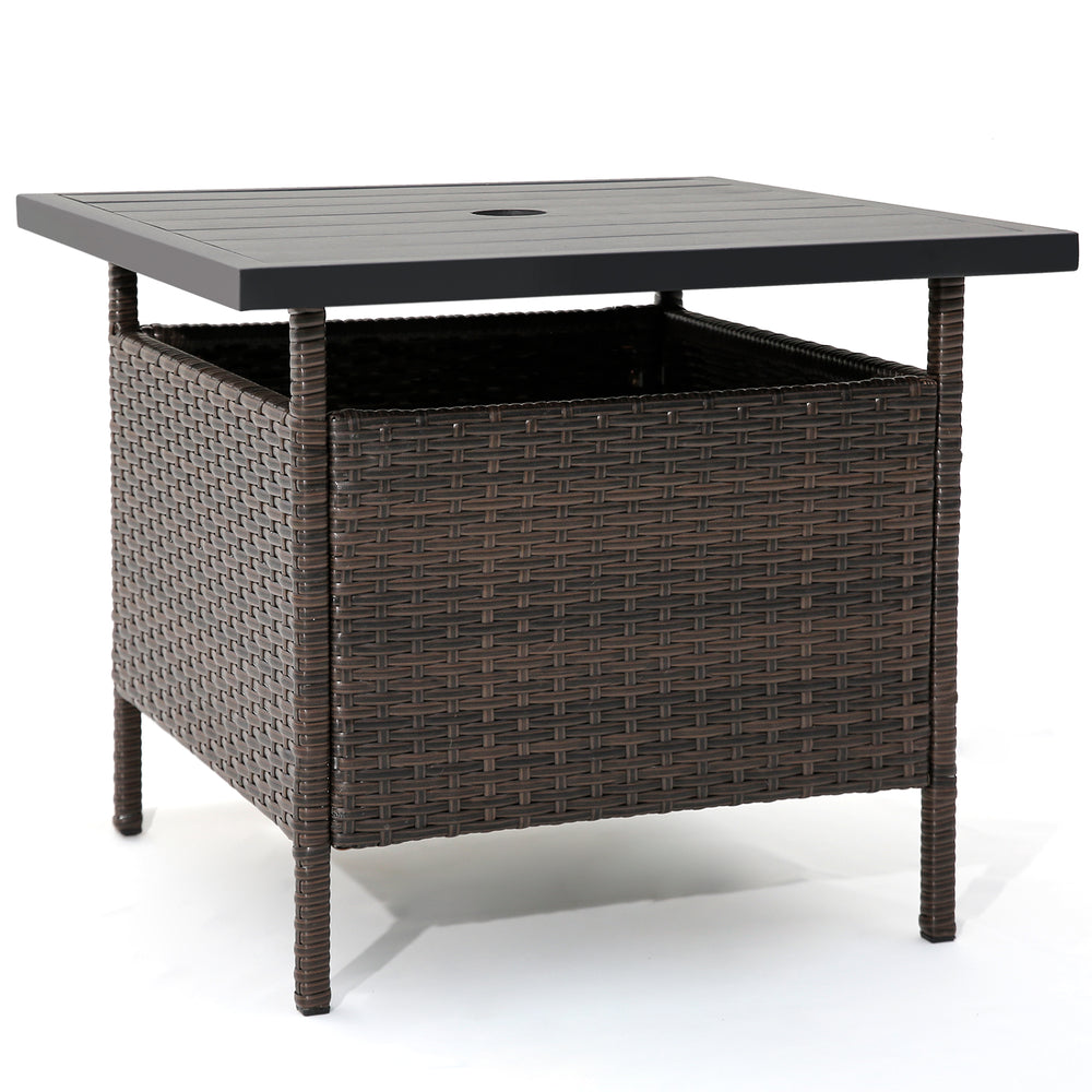 Square wicker side table with umbrella hole, featuring a durable rattan frame and faux wood top, ideal for outdoor use.