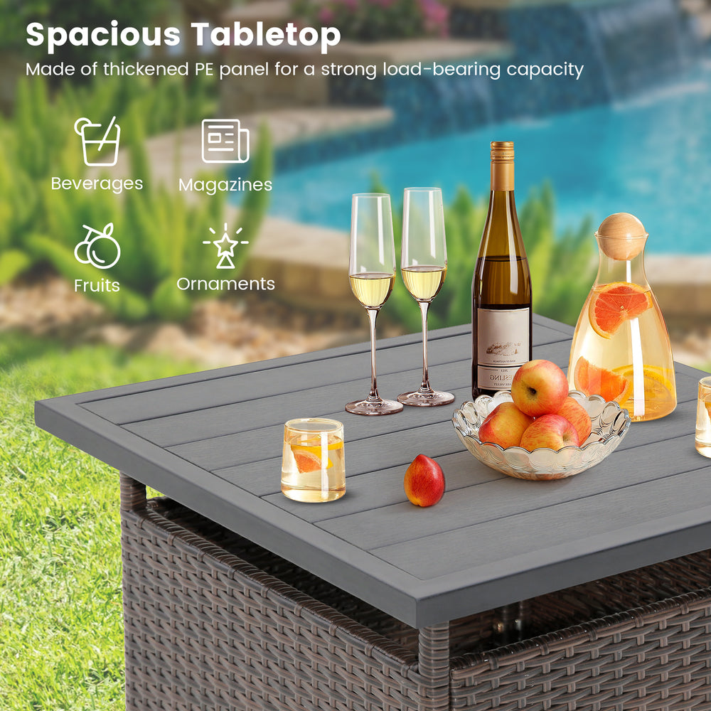 Spacious tabletop of the patio square wicker side table, featuring a thickened PE panel for outdoor use and umbrella.