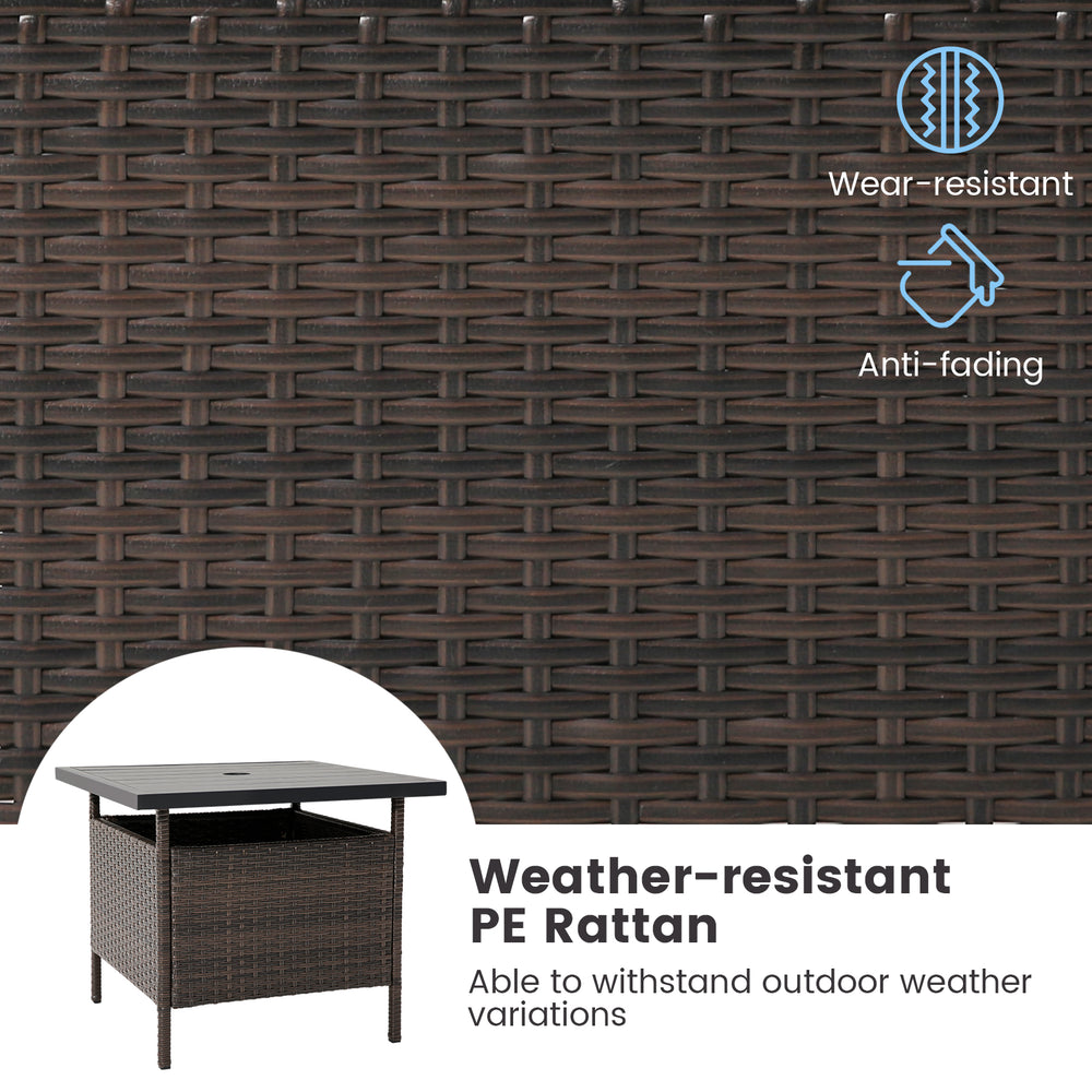 Patio square wicker side table with umbrella hole, made of weather-resistant PE rattan for outdoor use.