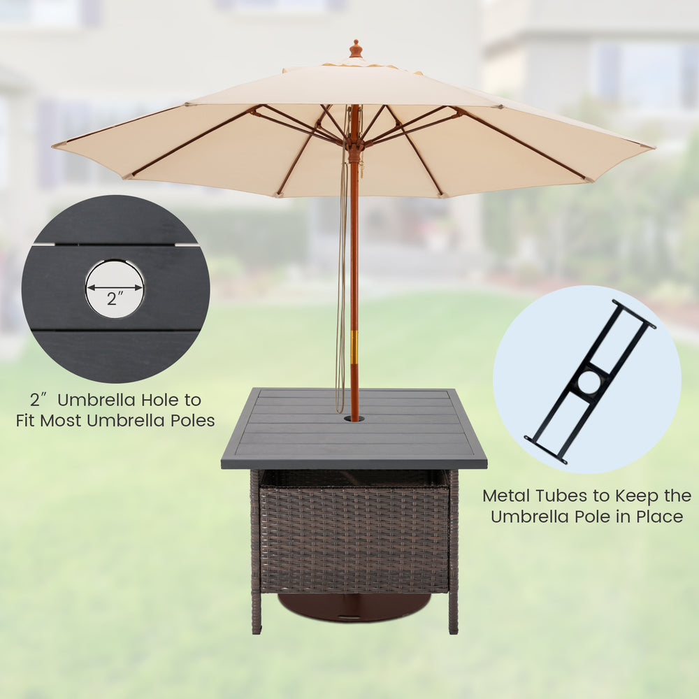 Patio square wicker side table with 2" umbrella hole, featuring a faux wood top and sturdy PE rattan for outdoor use.