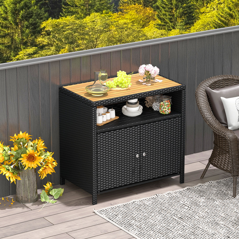 Rattan Storage Cabinet with Acacia Wood Countertop for Poolside Deck and Patio-Black - Gallery View 1 of 10