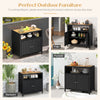 Rattan storage cabinet with acacia wood countertop, featuring a 2-door design for outdoor patio and poolside use.