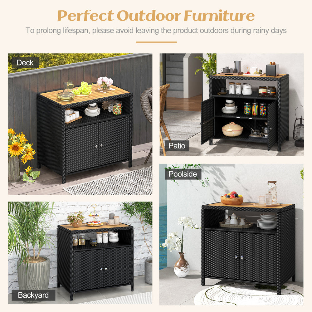 Rattan storage cabinet with acacia wood countertop, featuring a 2-door design for outdoor patio and poolside use.