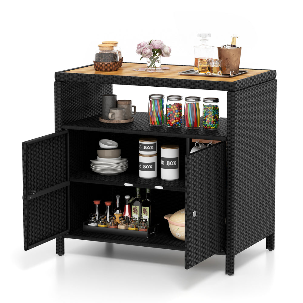 Rattan storage cabinet with acacia wood countertop, featuring two doors and shelves for outdoor patio organization.