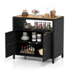 Rattan storage cabinet with acacia wood countertop, featuring two doors and shelves for outdoor patio organization.