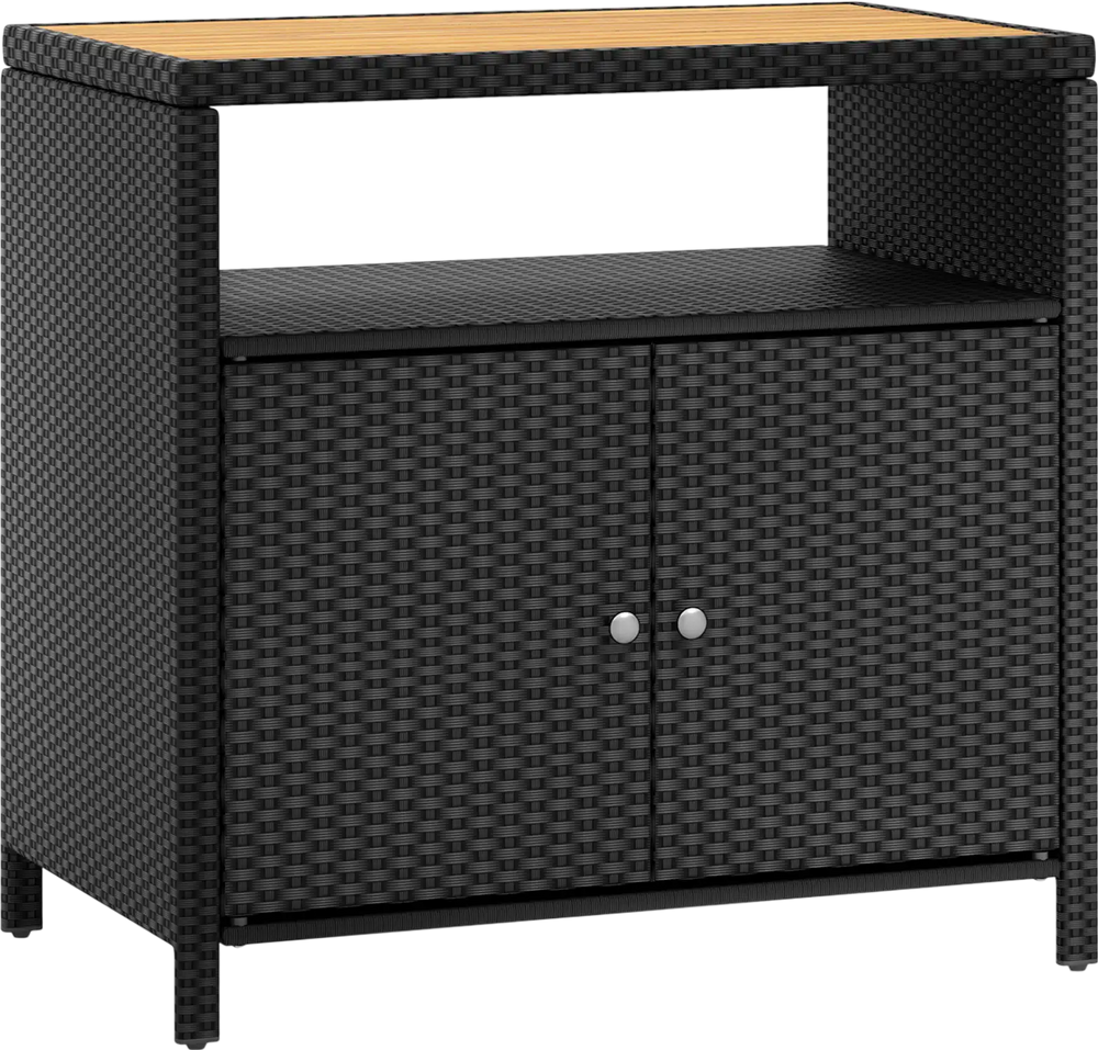 Rattan storage cabinet with acacia wood countertop, featuring a 2-door design, ideal for poolside or patio storage.