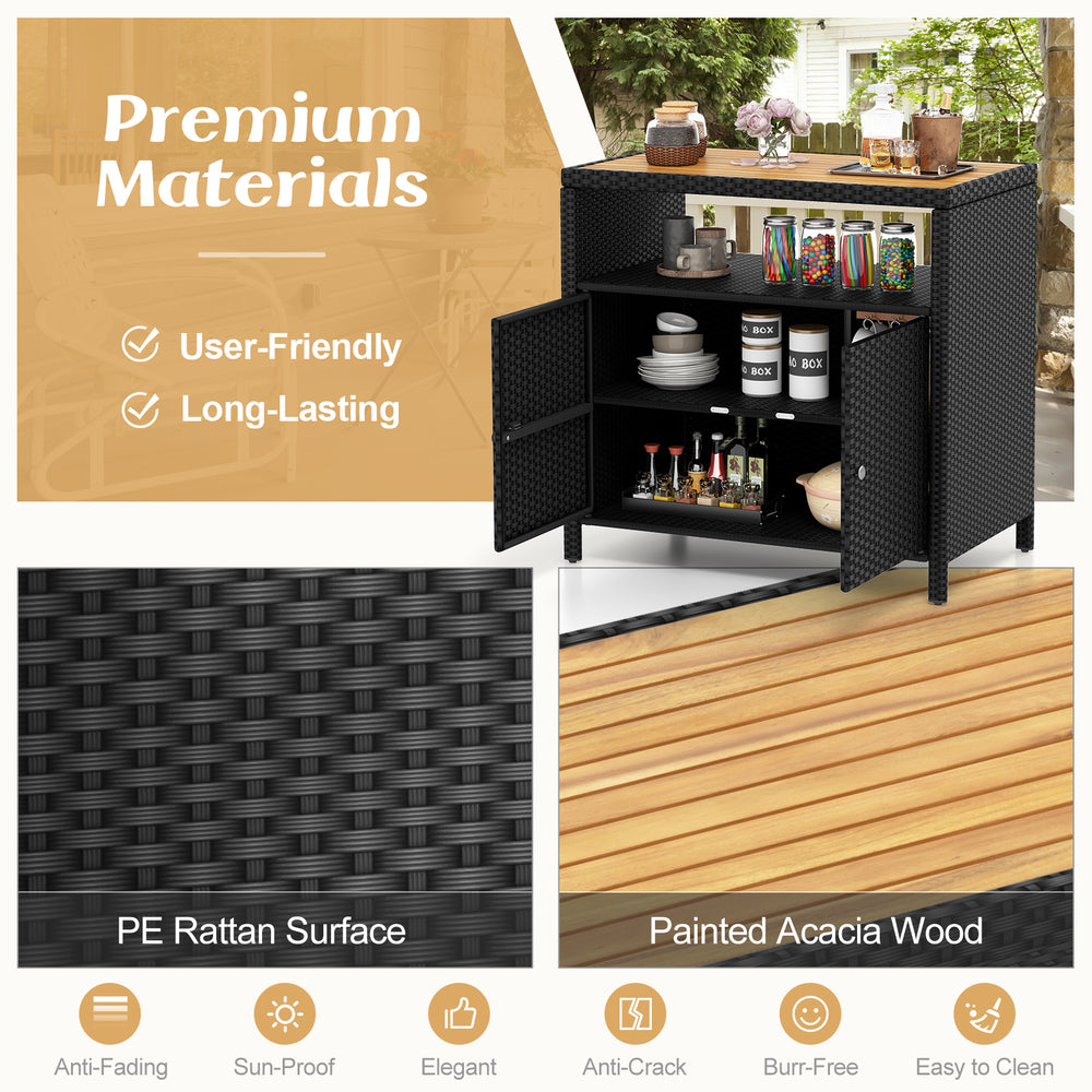 Rattan storage cabinet with painted acacia wood countertop, featuring a 2-door design for outdoor patio or poolside use.