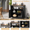 Rattan storage cabinet with acacia wood countertop, featuring open compartments and enclosed design for outdoor patio.