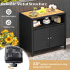 Rattan storage cabinet with acacia wood countertop, featuring a 3.5" clearance, ideal for outdoor patio or poolside use.