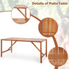 67-inch acacia wood patio dining table with slatted tabletop and umbrella hole, designed for stability and elegance.